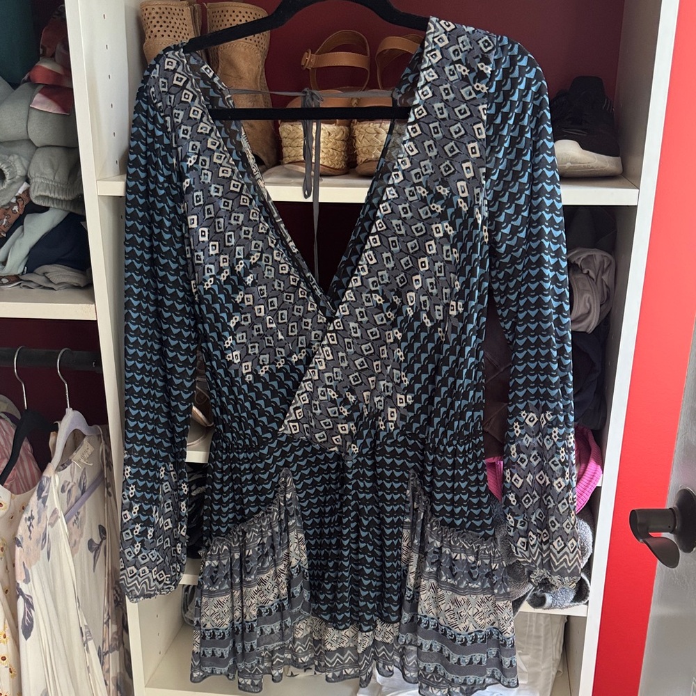 Free People Blue and Black Patterned V-Neck Blouse